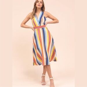Gilli Rainbow Stripe Halter Tie Back Midi Linen Blend Dress Medium